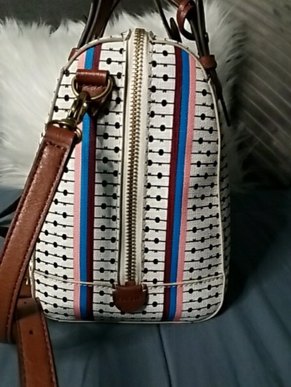 Fossil White Satchel with Brown Handles and Blue & Red Stripes - Picture 4 of 15
